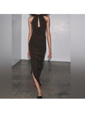 Zara Dark Brown Halter Maxi Dress with Front Keyhole